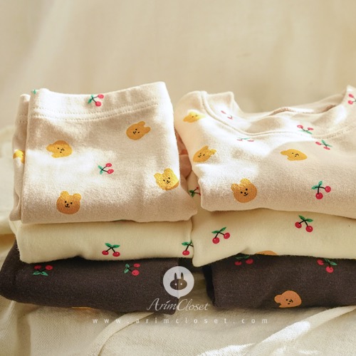 [3차제작중] 쪼꼬미는 달라~귀염 실내복, 체리를 좋아하는 곰돌이 셋 - beige, drak gray, cream bear+cherry cotton baby homewear set