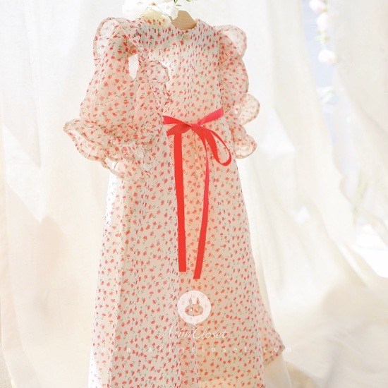 작은 들꽃 잎들이 쪼꼬미 볼을 간지럽혀요 - small red ribbon and red flower chiffon and cotton baby dress